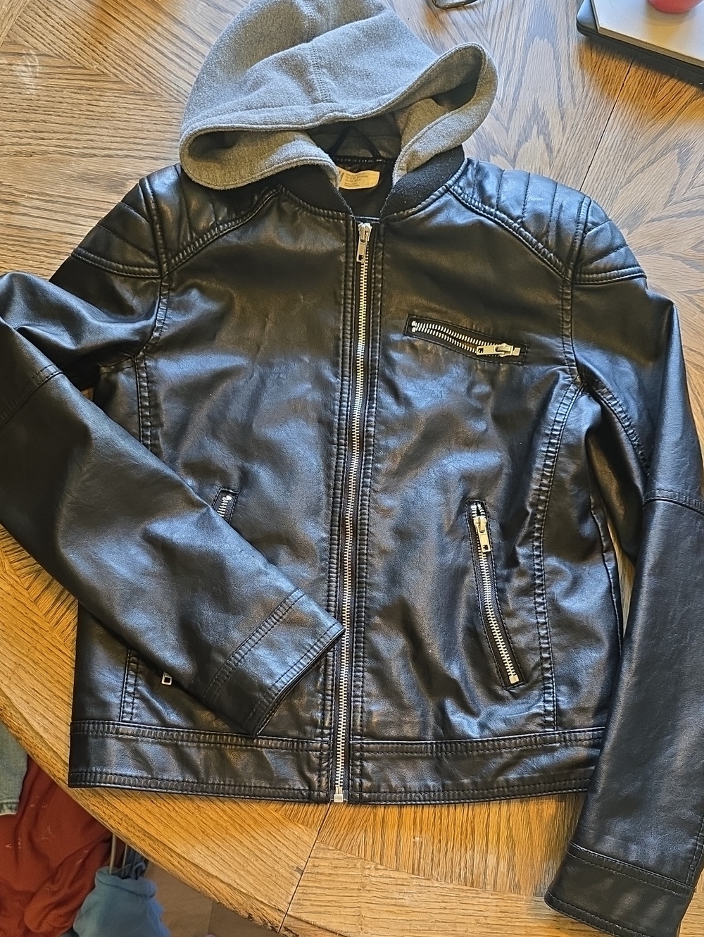H&M Kids Faux Leather Hooded Jacket - Black